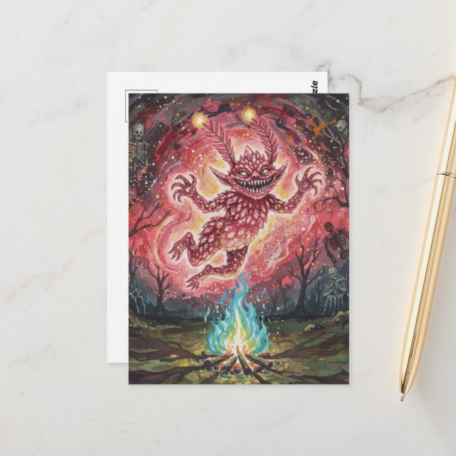 Postal Cute Monster at the Campfire (Anverso/Reverso In Situ)