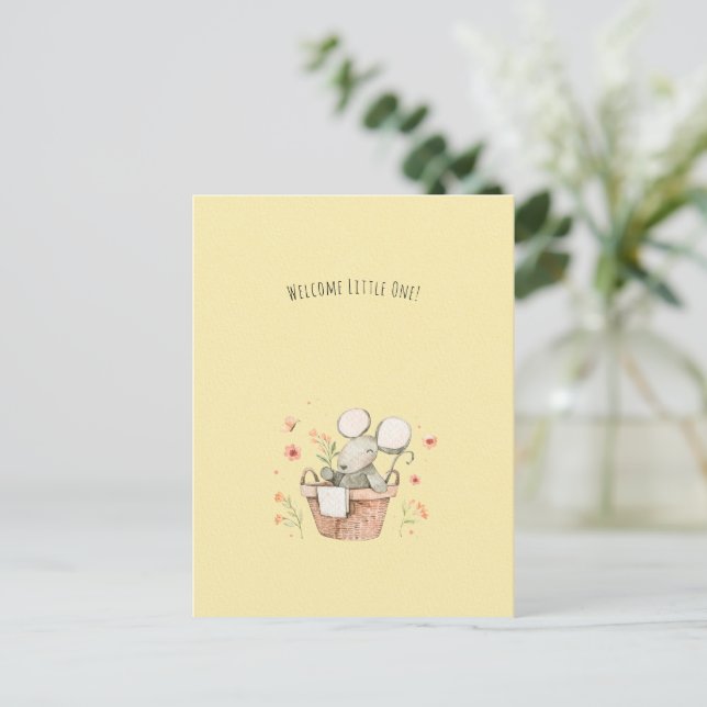 Postal Cute Mouse With Flowers Welcome New Baby Card (Anverso de pie)