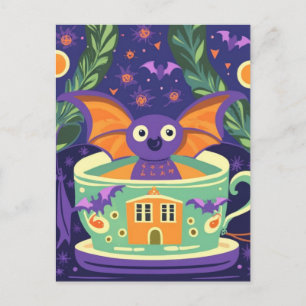 Postal Cute murciélago en una taza de té de Halloween