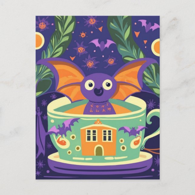 Postal Cute murciélago en una taza de té de Halloween (Anverso)