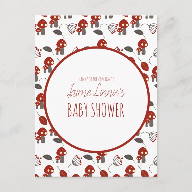 Postal Cute Mushroom Baby Shower Garden Forest Gracias (Anverso)