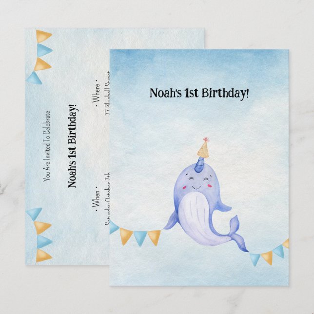 Postal Cute Narwhal Ocean Theme Narwal Birthday Invite (Anverso / Reverso)