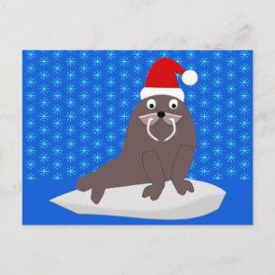 Postal Cute Navidad Morsa y Copos de Nieve