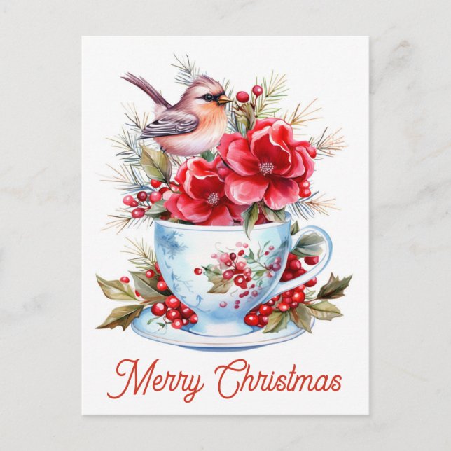 Postal Cute Navidades Tea Cardenal Floral Teacup (Anverso)