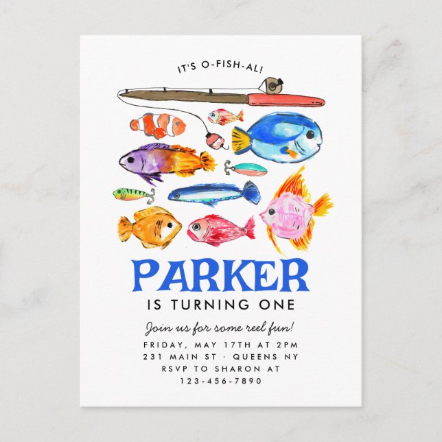 Postal Cute O-Fish-al Reel Fun Gone Fish Pescado Cumpleañ (Anverso)