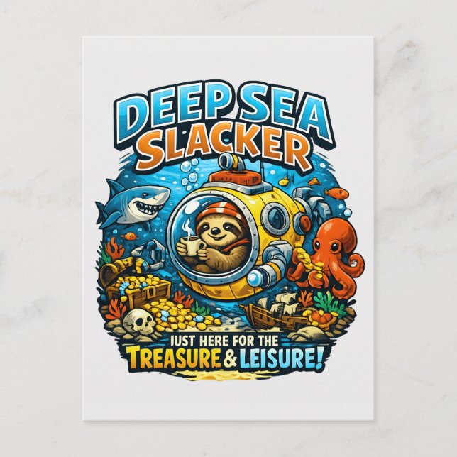 Postal Cute Ocean Adventure Humor, Funny Sloth Diving art (Anverso)