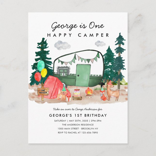 Postal Cute ONE Feliz Camper Forest Camping 1er cumpleaño (Anverso)