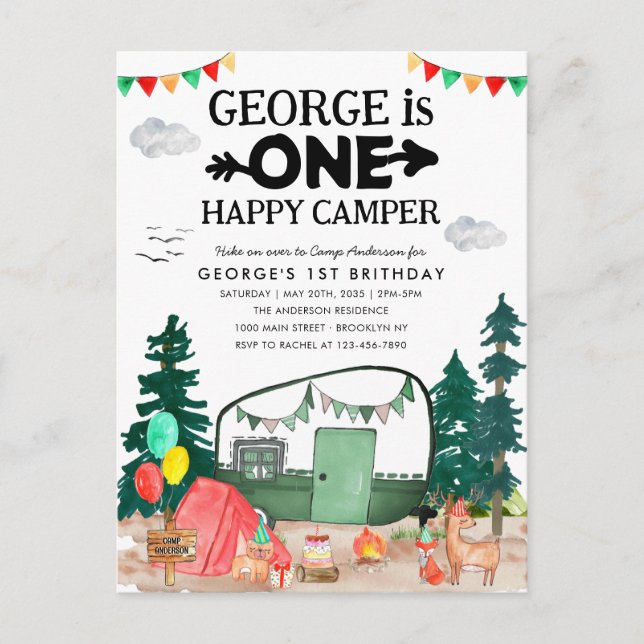 Postal Cute ONE Happy Camper Woods Camping 1º cumpleaños (Anverso)