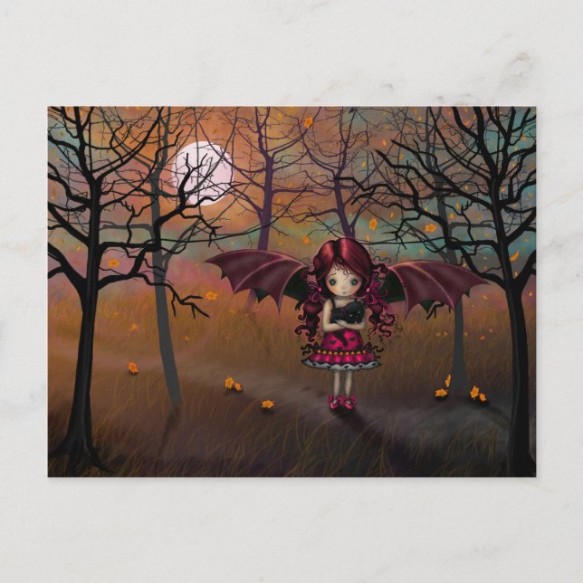 Postal Cute Otoño Vampiro y Gato Negro (Anverso)