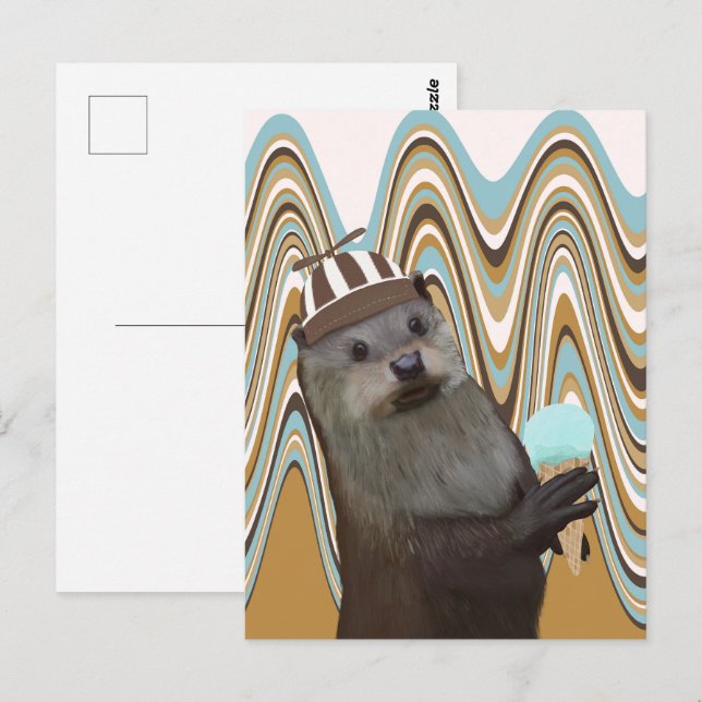 Postal Cute Otter Holding Ice-Crema En El Fondo De Swirl (Anverso / Reverso)