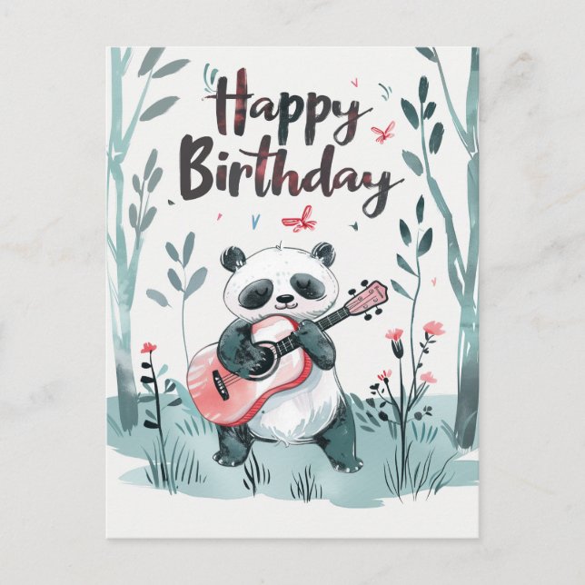 Postal Cute panda al agua pintado a la guitarra Cumpleaño (Anverso)
