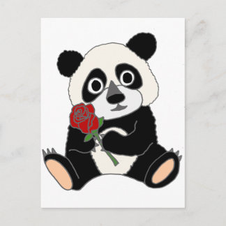 Postal Cute Panda Bear Holding Red Rose