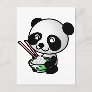 Postal Cute Panda comiendo arroz del bol con palillos