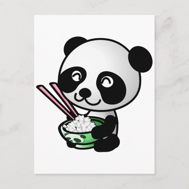Postal Cute Panda comiendo arroz del bol con palillos (Anverso)