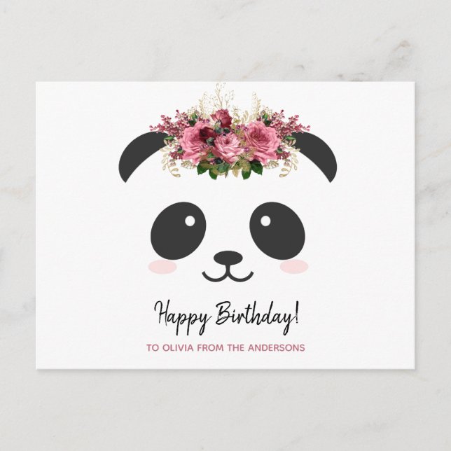 Postal Cute panda Happy Birthday floral rosa personalizad (Anverso)