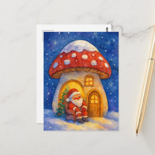 Postal Cute Papá Noel Acuarela Casa de Hongos Fiesta