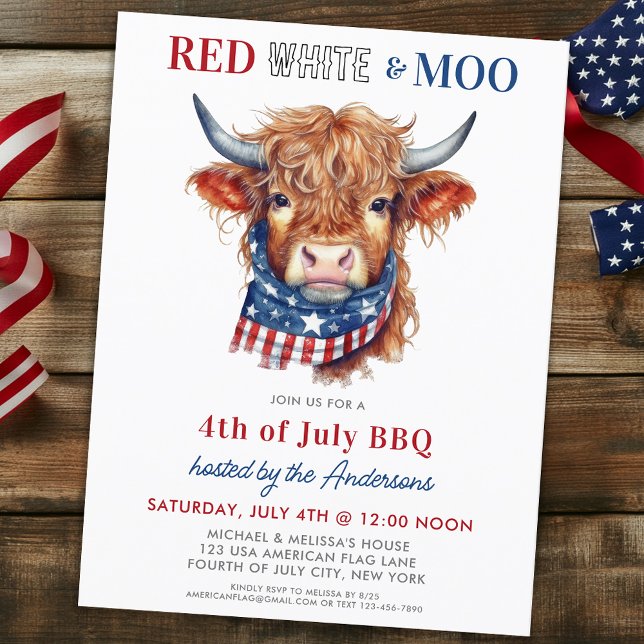 Postal Cute Patriótico Highland Cow 4 De Julio Fiesta (Subido por el creador)