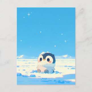 Postal Cute Penguin Chick in Starry Arctic Landscape