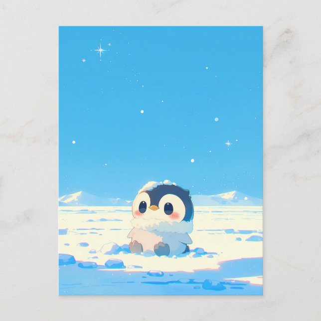 Postal Cute Penguin Chick in Starry Arctic Landscape (Anverso)