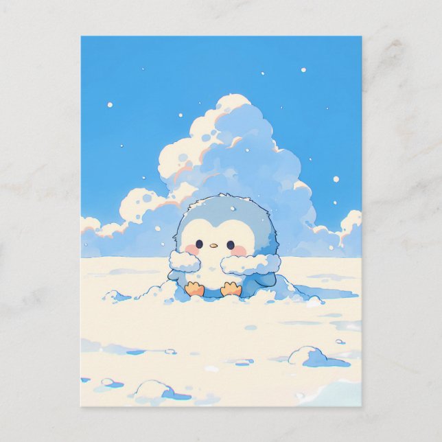 Postal Cute Penguin Chick in Sunny Snowy Landscape (Anverso)