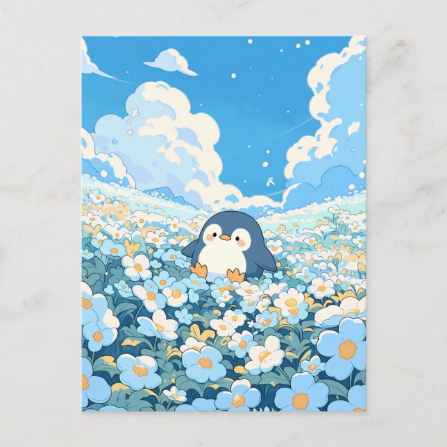 Postal Cute Penguin in Blue Flower Meadow (Anverso)