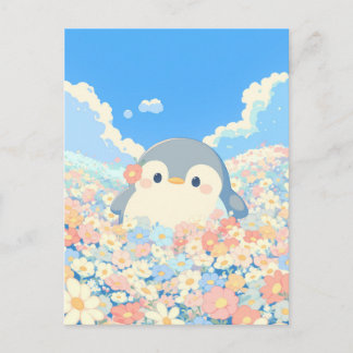 Postal Cute Penguin in Colorful Spring Meadow