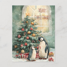 Postal Cute penguins decorates Christmas tree, Christmas