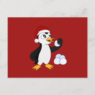 Postal Cute pequeño pingüino de Navidad con una bola de n