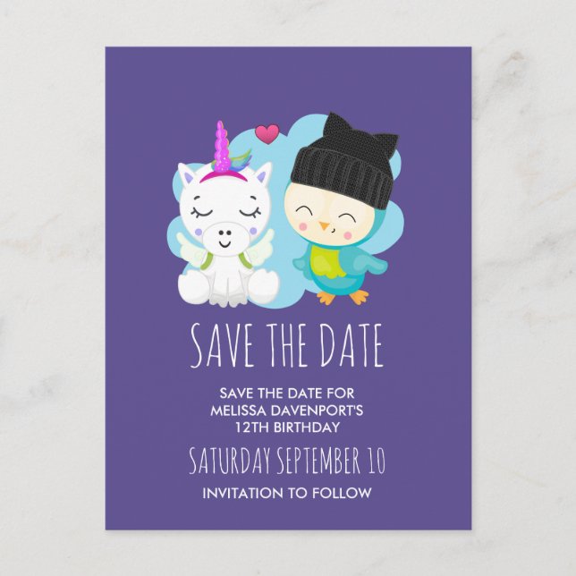 Postal Cute Personalizado Unicornio y Pájaro Guardar la f (Anverso)