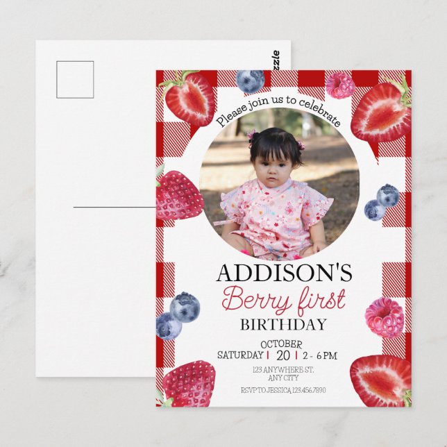 Postal Cute Photo Red Blue Berry Sweet 1er cumpleaños (Anverso / Reverso)