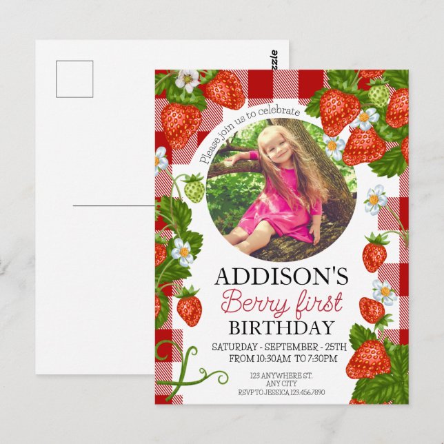 Postal Cute Photo Red Blue Berry Sweet 1er cumpleaños (Anverso / Reverso)