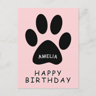 Postal Cute Pink Black Paw Print Happy birthday