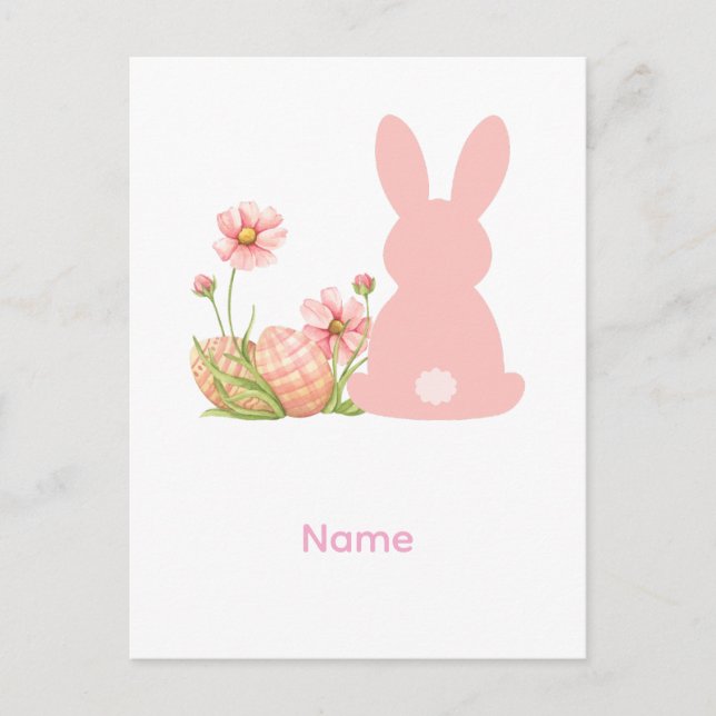 Postal Cute Pink Easter Bunny with Spring Flowers  (Anverso)