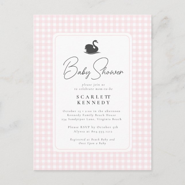Postal Cute Pink Gingham Swan Simple Baby Shower (Anverso)