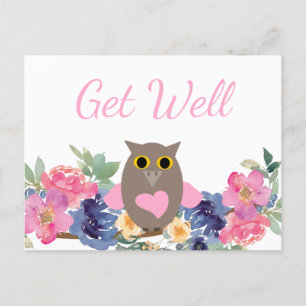 Postal Cute Pink Heart Owl Floral Acuarela Recuperación