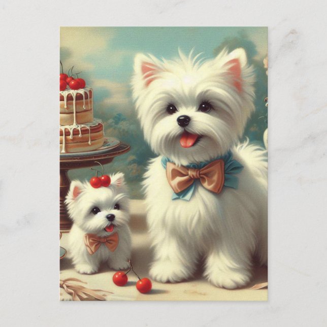 Postal Cute pintura maltesa de cachorros (Anverso)