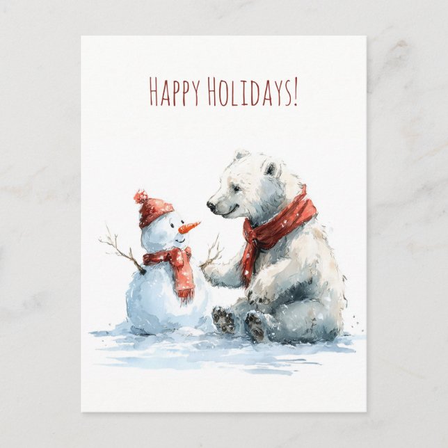 Postal Cute polar bear build a snowman, Christmas  (Anverso)