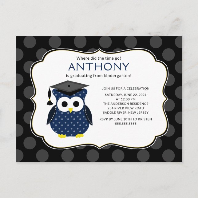Postal Cute Polka puntos Grad Owl Boy Graduation Invitaci (Anverso)