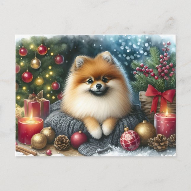 Postal Cute Pomeranian Cosy Watercolor Invierno Arte (Anverso)