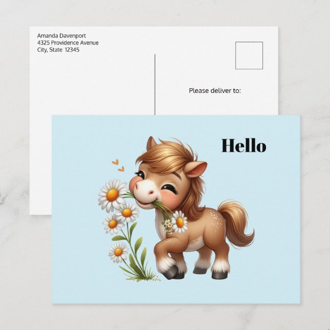 Postal Cute Pony Eating Daisies (Anverso / Reverso)