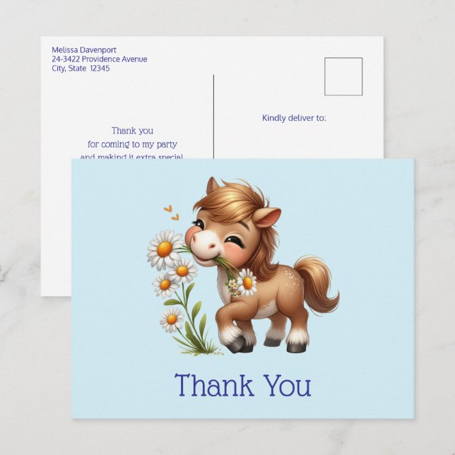 Postal Cute Pony Eating Daisies Gracias (Anverso / Reverso)