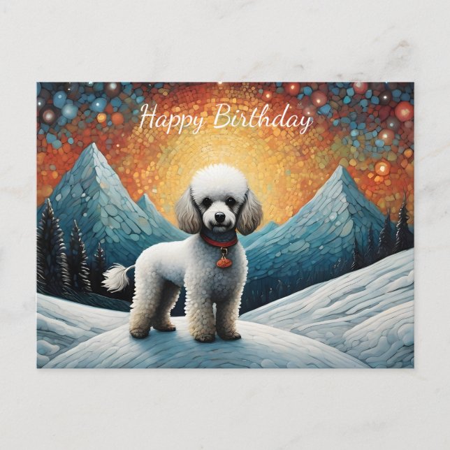 Postal Cute Poodle Snowowy Mountain Feliz cumpleaños (Anverso)