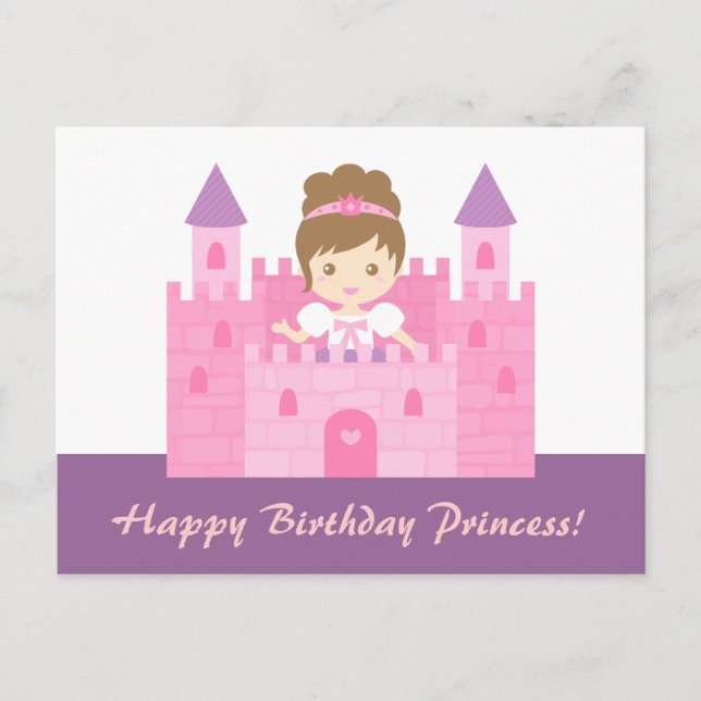 Postal Cute Princesa Niña en Cumpleaños Feliz Castillo Ro (Anverso)