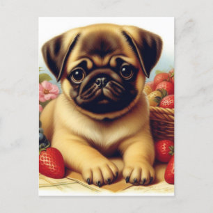 Postal Cute Pug Pintura de época