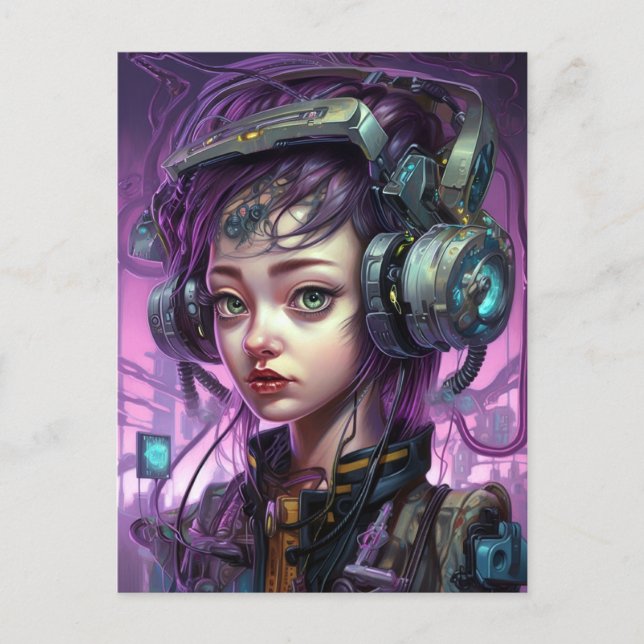 Postal Cute Purple Cyberpunk Chica ciencia ficción (Anverso)