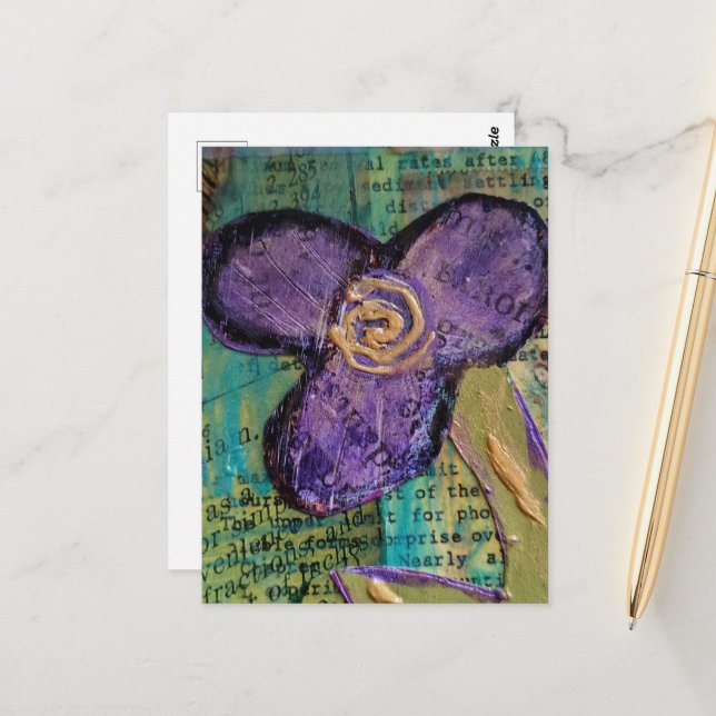Postal Cute Purple Mixed Media Flower (Anverso/Reverso In Situ)