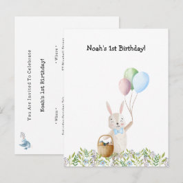 Postal Cute Rabbit On A Picnic With Balloons Invitation