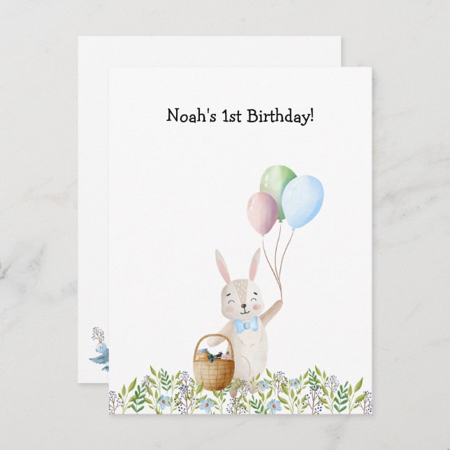 Postal Cute Rabbit On A Picnic With Balloons Invitation (Anverso / Reverso)