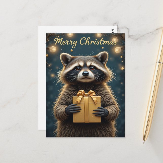 Postal Cute Raccoon Christmas Cozy Winter Holiday  (Anverso/Reverso In Situ)
