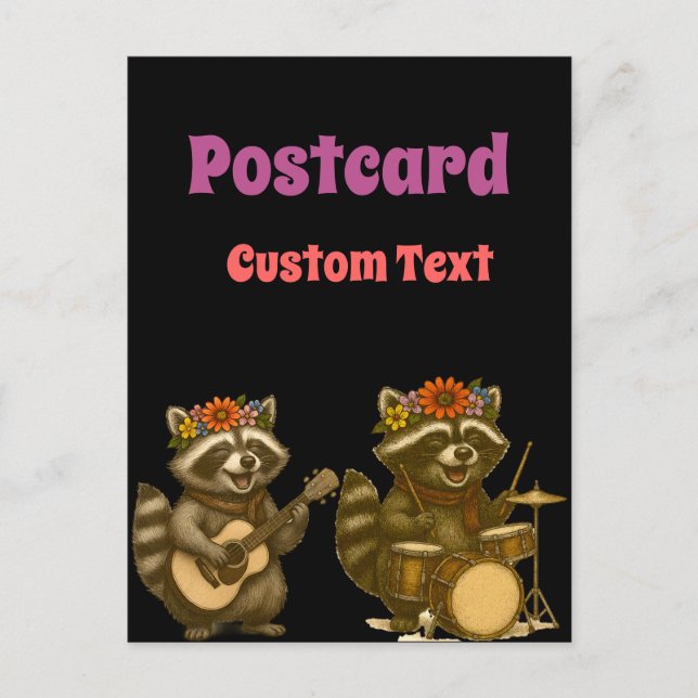 Postal Cute Raccoon Music Amante de tocar guitarra y tamb (Anverso)